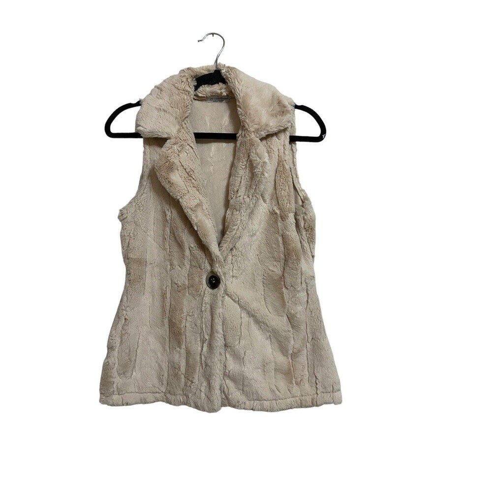 Vine Street Faux Fur Vest Small Ecru Shawl Collar Button Front Made In USA